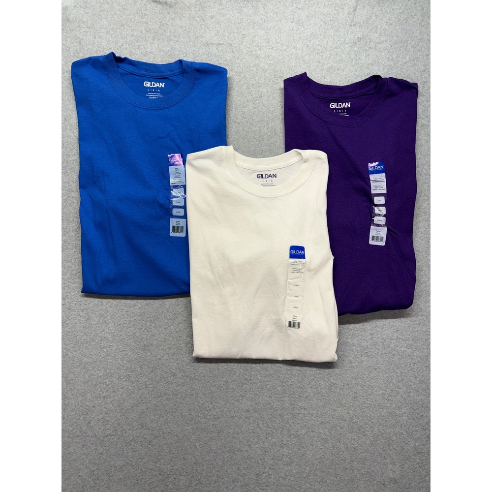 Gildan Mens Large Cotton T-Shirt Bundle 3 Pack Blue Purple White New With Tags